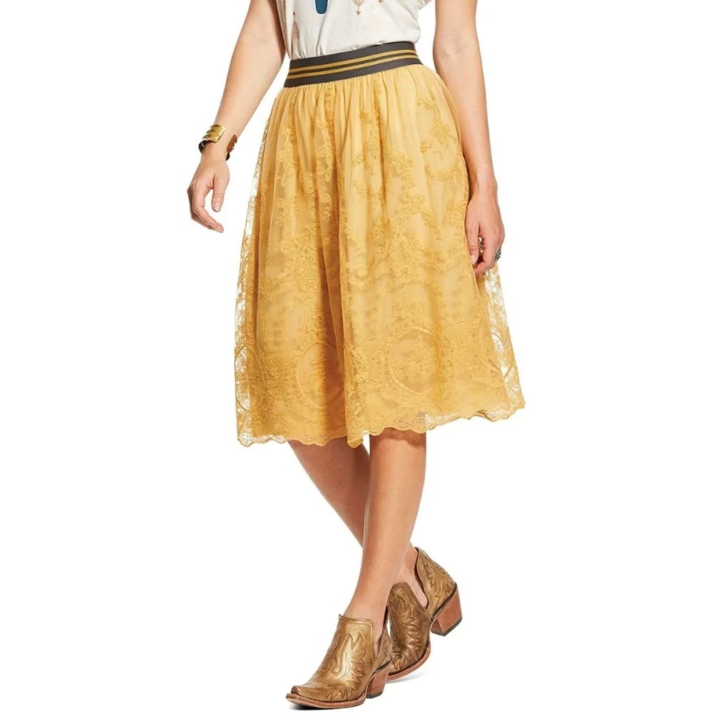 NEW Ariat Stevie Midi Skirt Gold Dust Floral Tulle Lace Mesh XL Ethereal Fairy - Picture 14 of 15